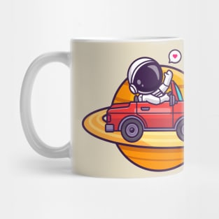 Cute Astronaut Driving Car On Saturn Planet Cartoon Mug